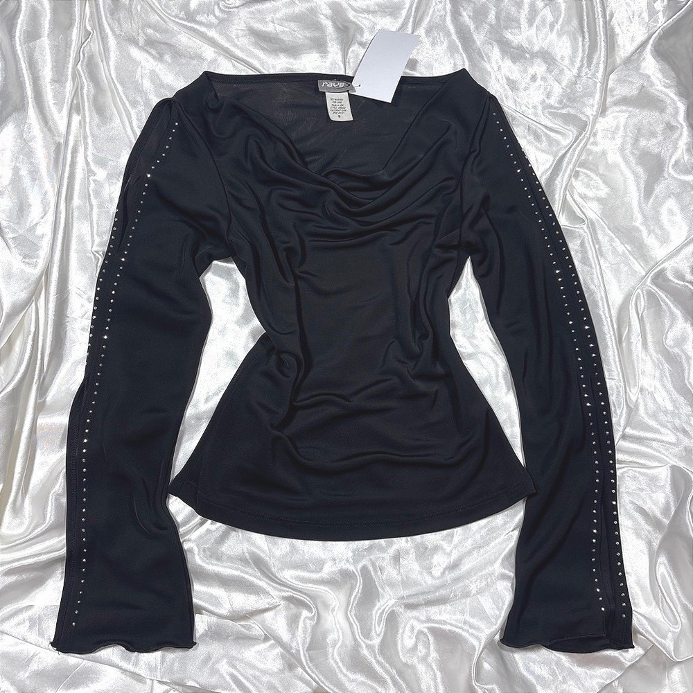 y2k Rave Rhinestone Split Sleeve Top Black Excellent Cowl Neck Bell Cuff Blouse